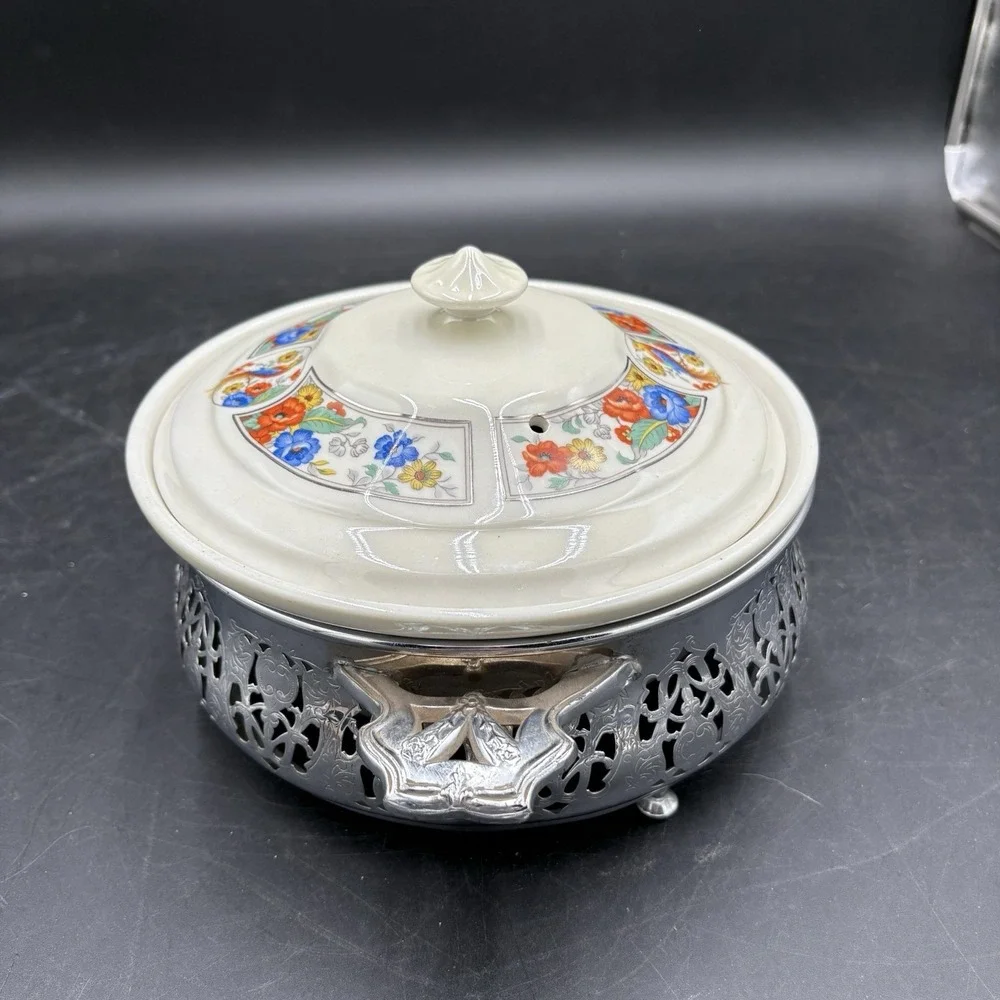 Vtg Hall China Forman Bros Round Casserole Dish Floral Birds Vented Lid Covered